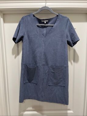 Dusty Blue Suede V-Neck Short Sleeve Shift Dress